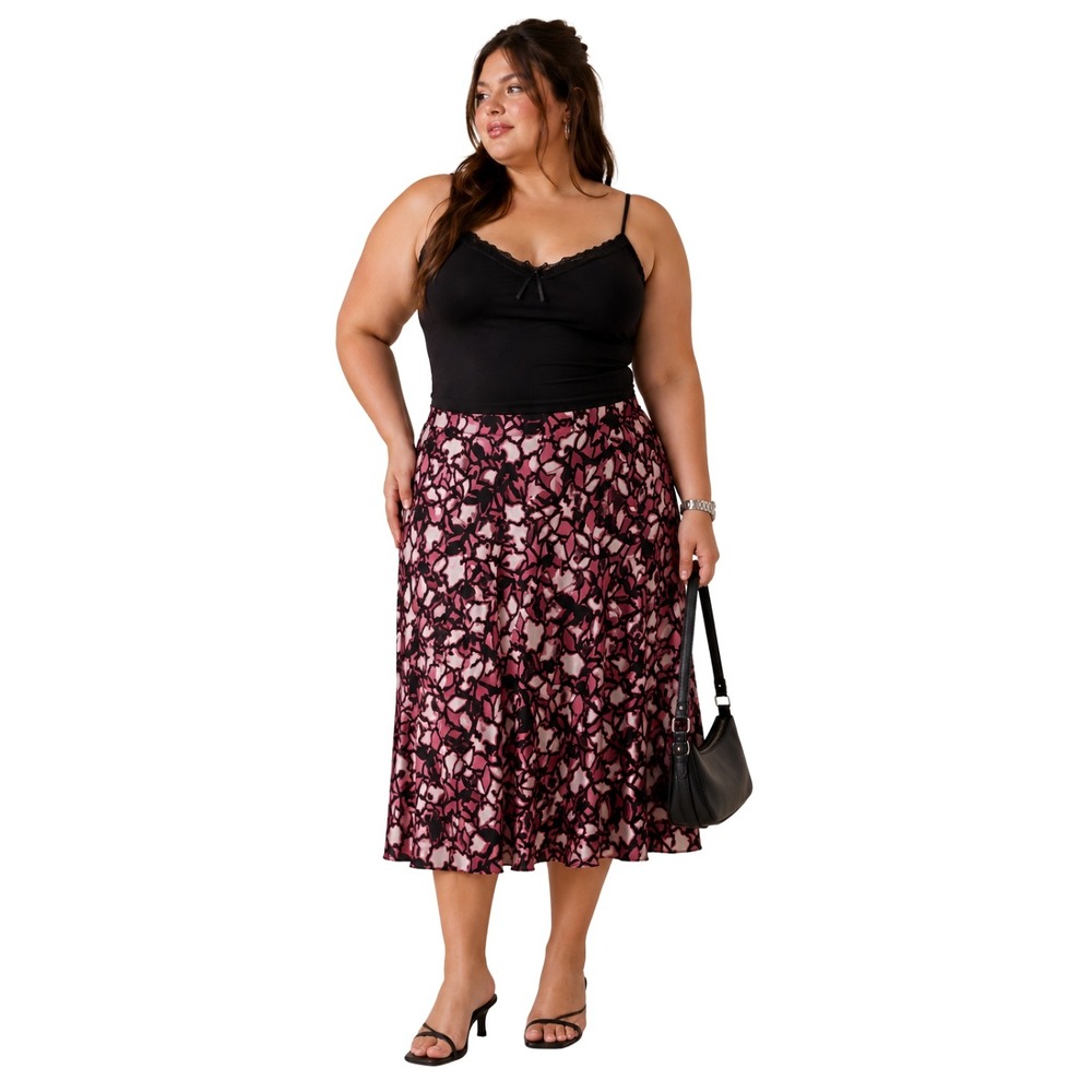Lane Bryant Skirt Size 22/24 Pink Brown 100% Silk Midi Abstract Floral Retro Y2K